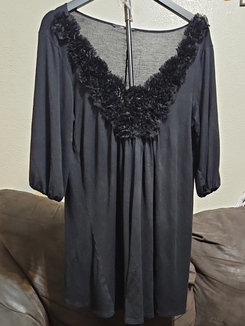 Black V-Neck Ruffle-Trim Women's Blouse